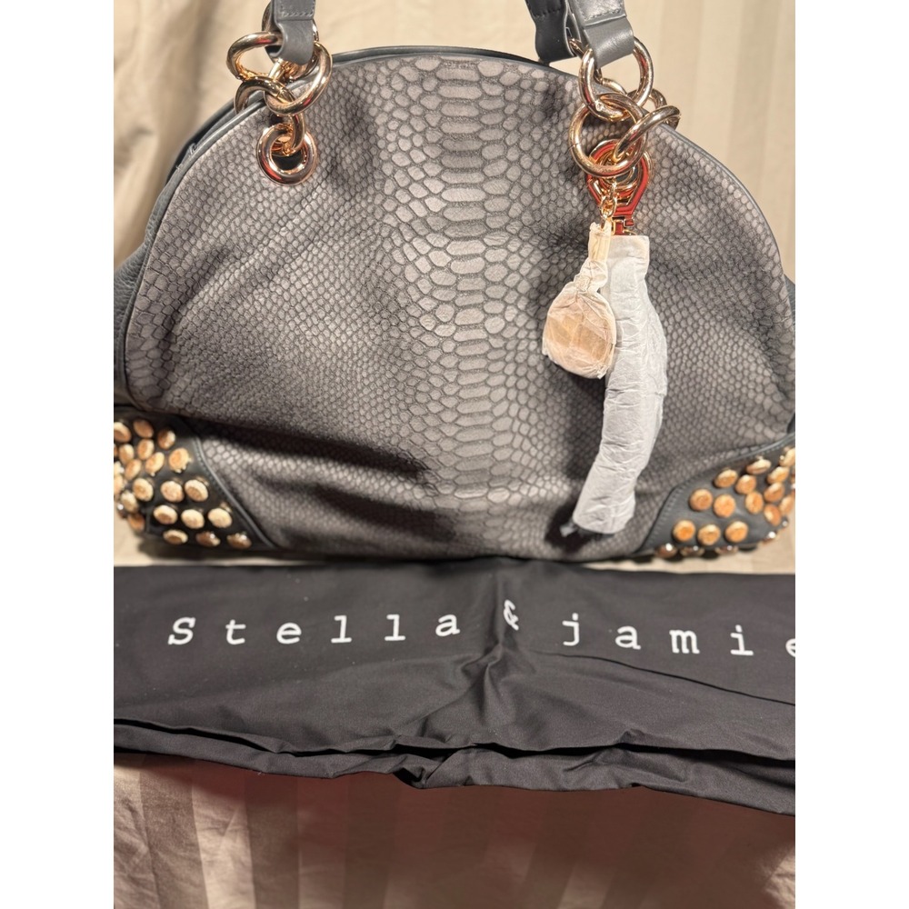 Stella & Jamie Gray Leather Snakeskin Embossed Studded Satchel Handbag Dust Bag